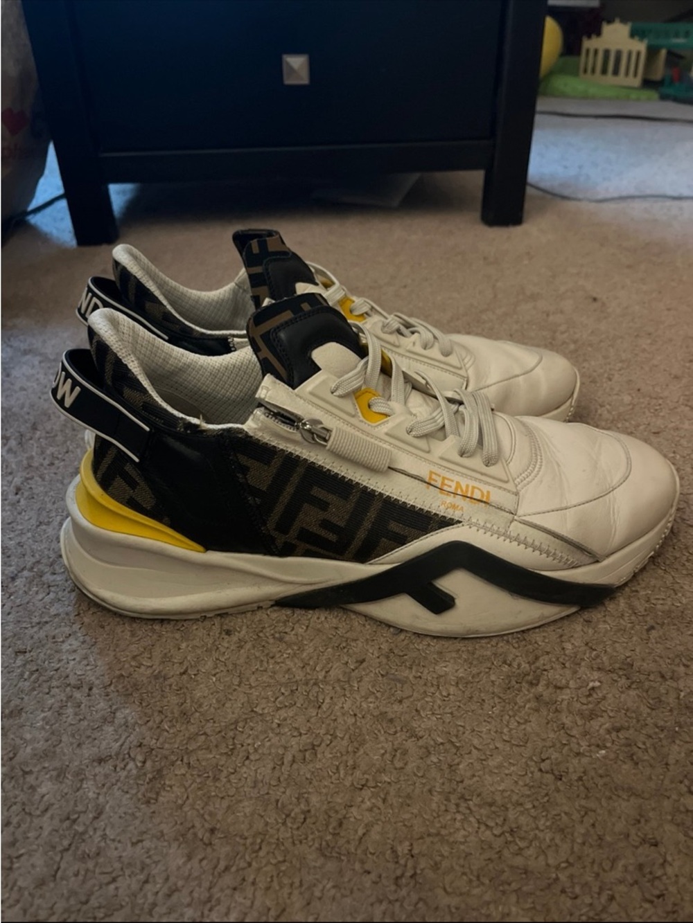 Fendi Men’s White & Black Low-Top Sneakers with Yellow Accents 11
